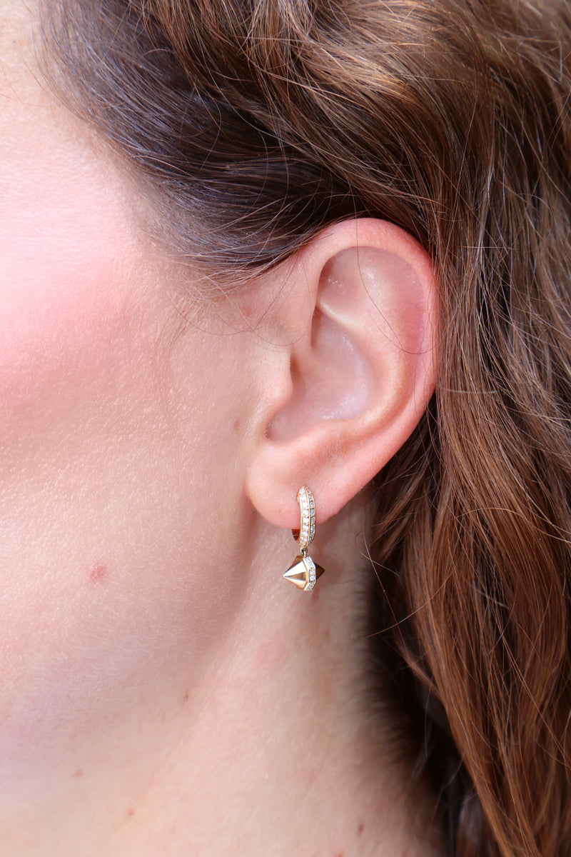18k yellow gold pieta diamond huggie earrings by Sorellina Tiny Gods sale