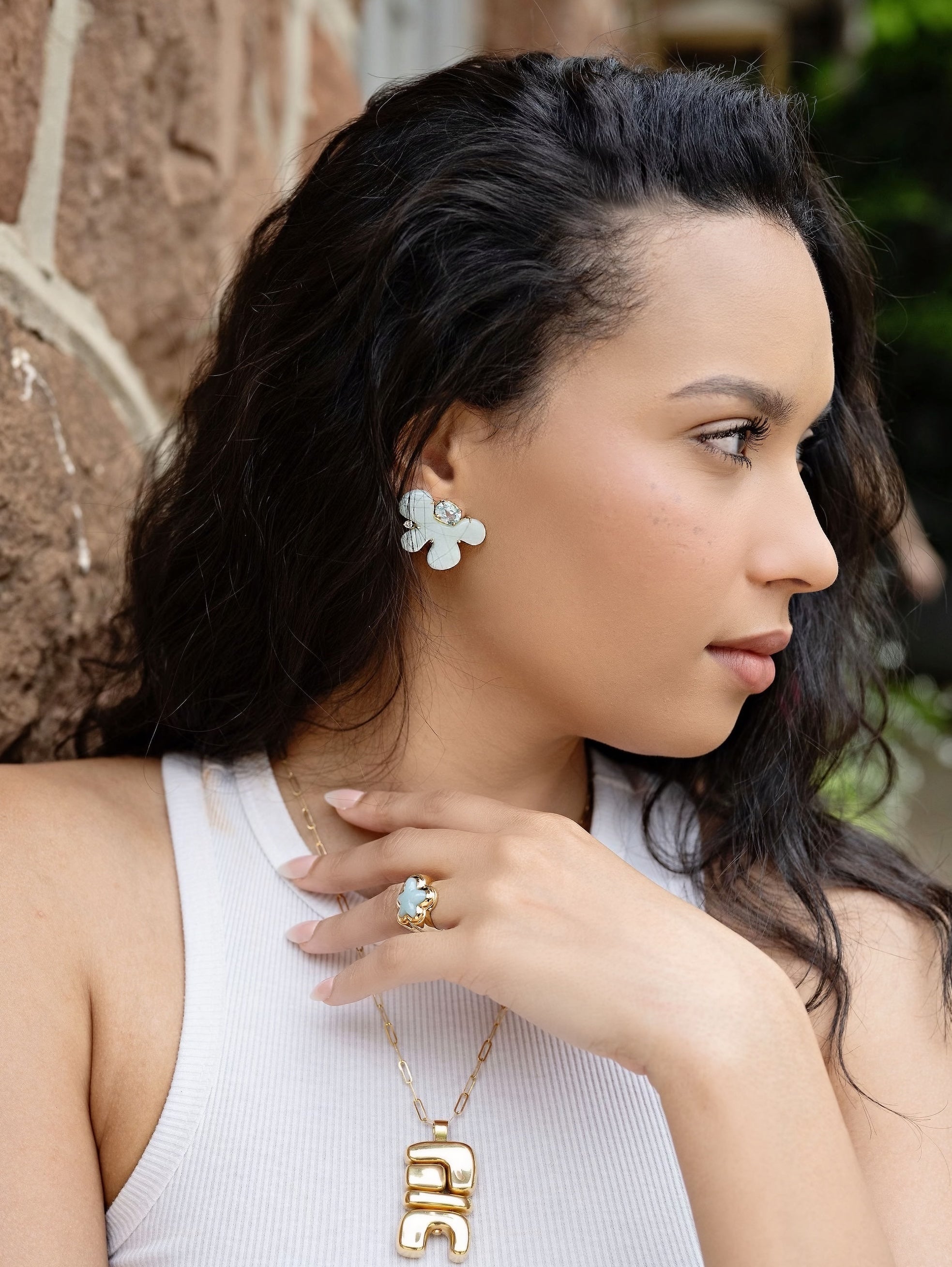 18k Sauer Antropofagia Earrings Jade asymmetrical on model at Tiny Gods