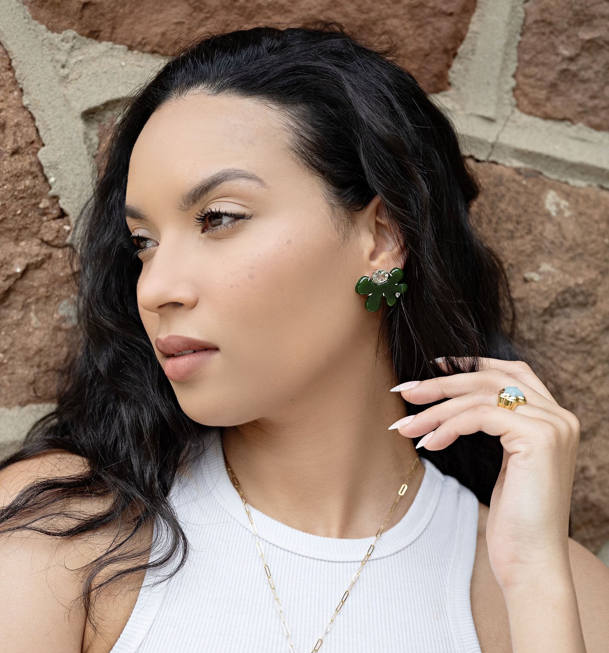 18k Sauer Antropofagia Earrings Jade asymmetrical on model at Tiny Gods