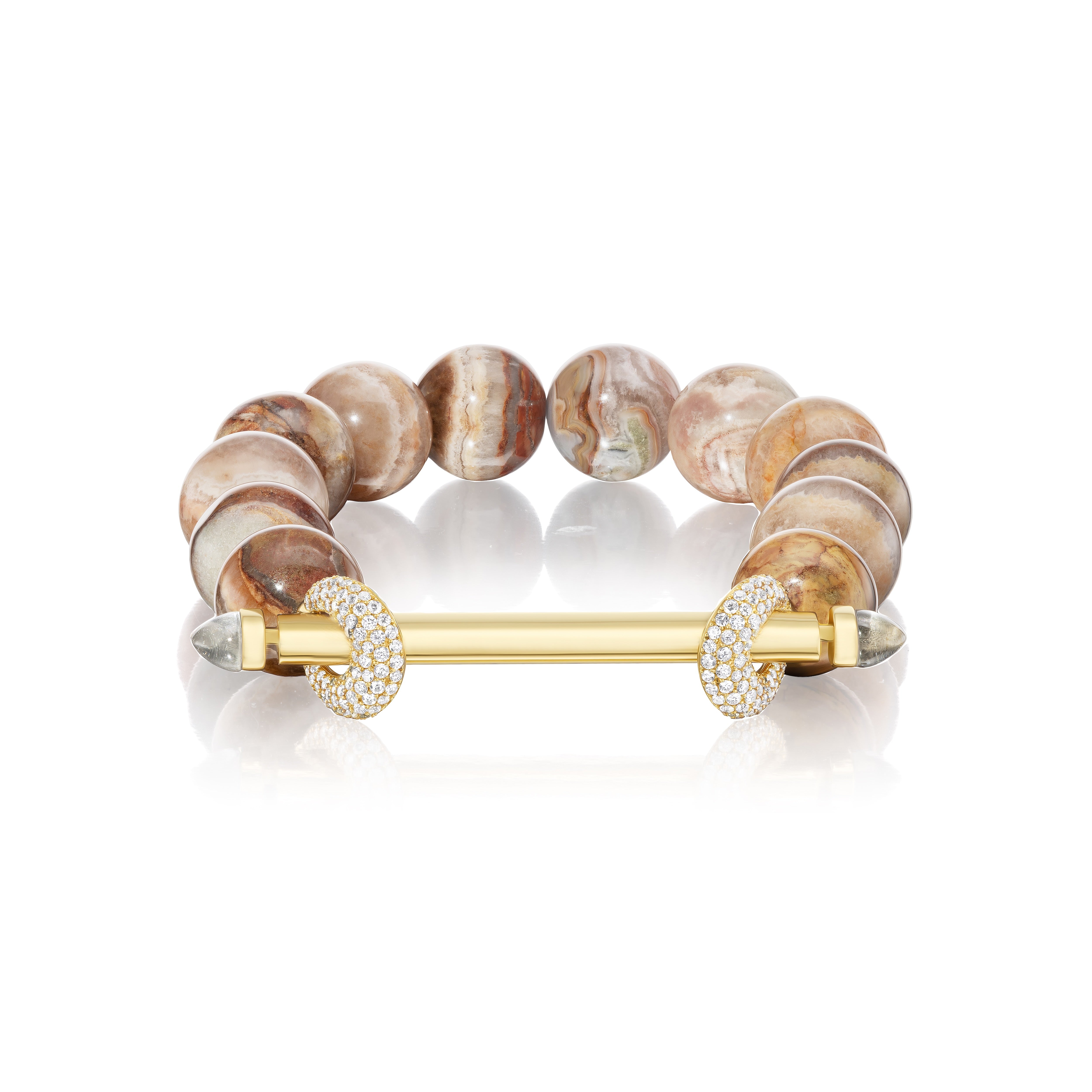 18k yellow gold jumbo brown agate beaded gold bar diamond loop chakra bracelet with titanium coil stretch by Ananya Tiny Gods 