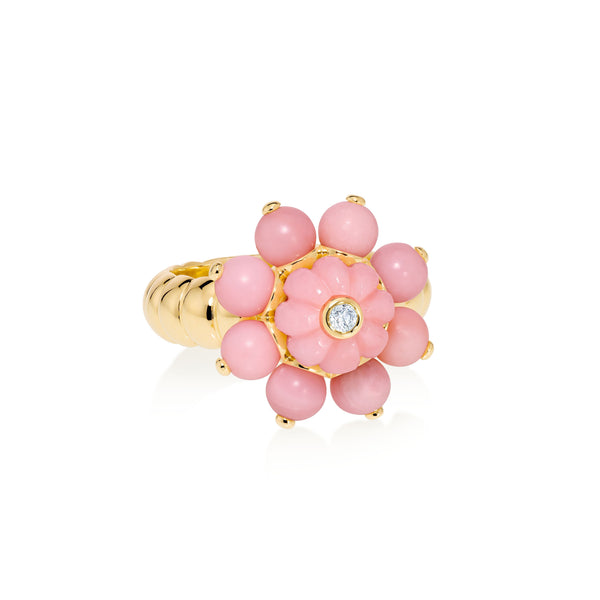 18k yellow gold floresta pink opal and diamond flower ring by Sauer Tiny Gods