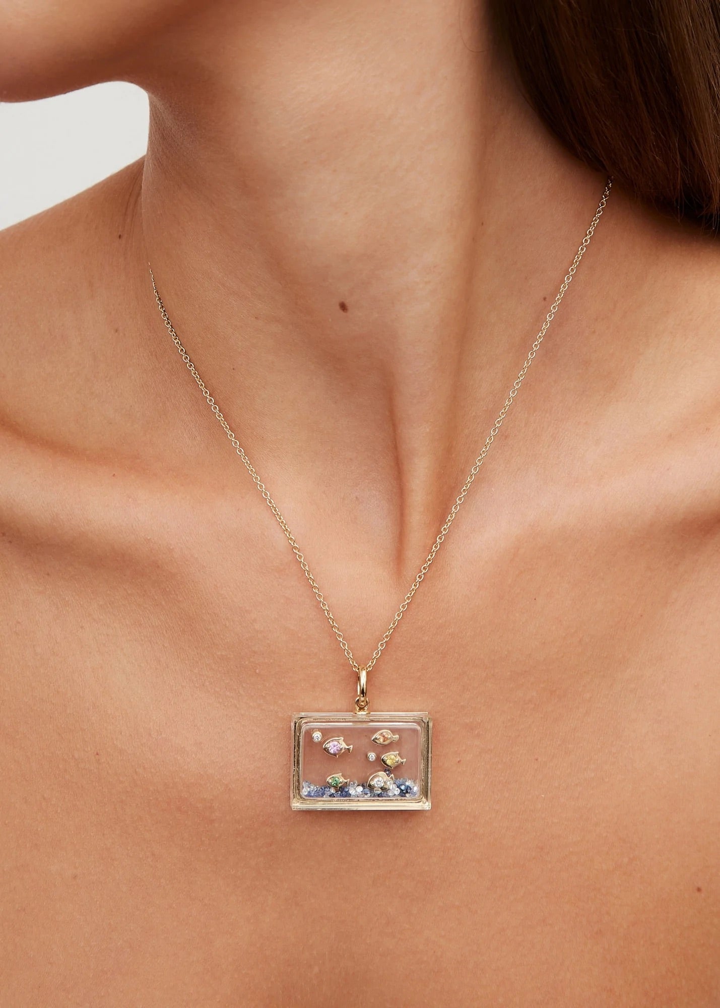 Aquamarine Fish Pendant Necklace yellow gold Yvonne Leon tiny gods 