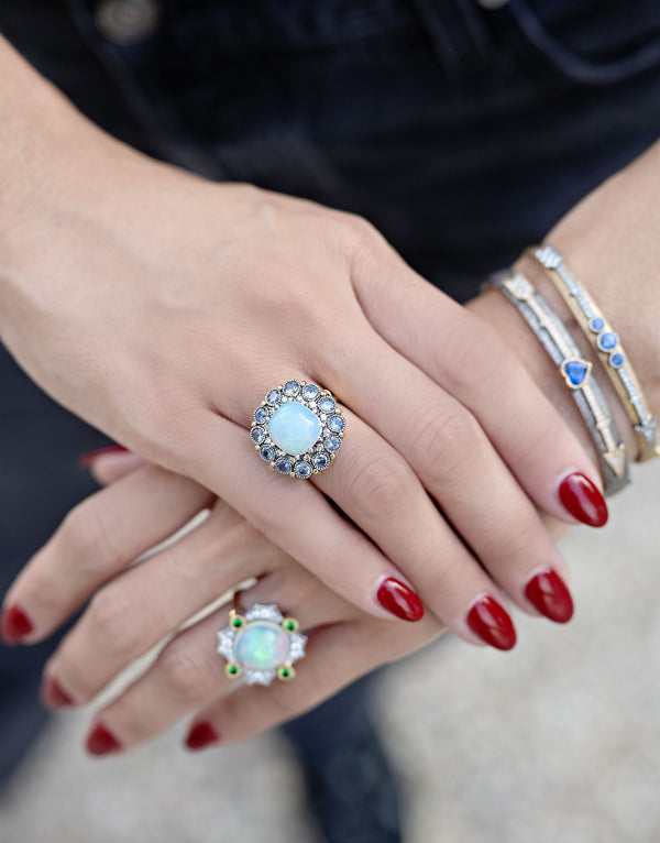 22k yellow gold and silver blue sapphire, diamond and opal statement ring by Arman Sarkisyan Tiny Gods on model