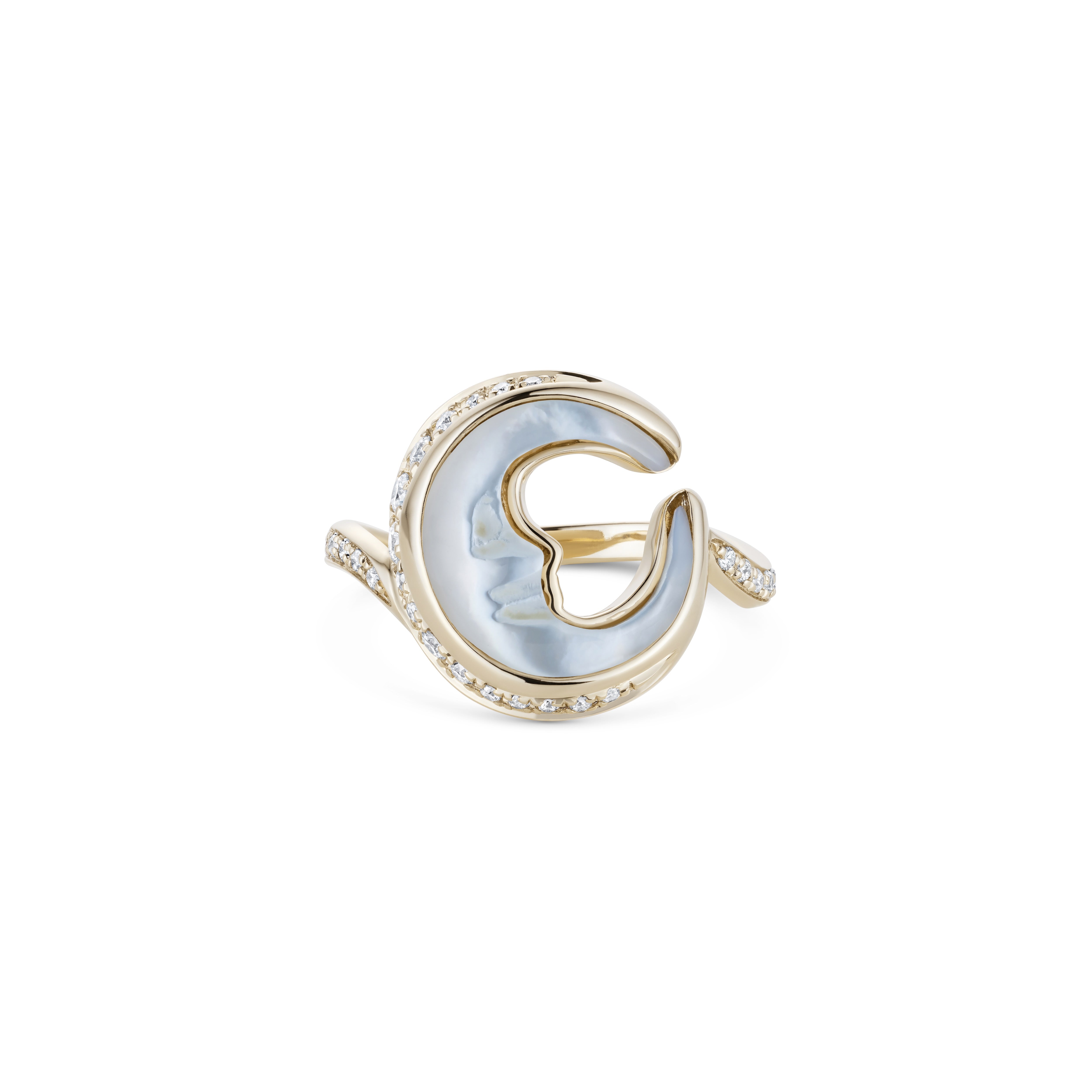 18k yellow gold mother of pearl in lay with diamond pave pinky ring by Venyx Tiny Gods 
