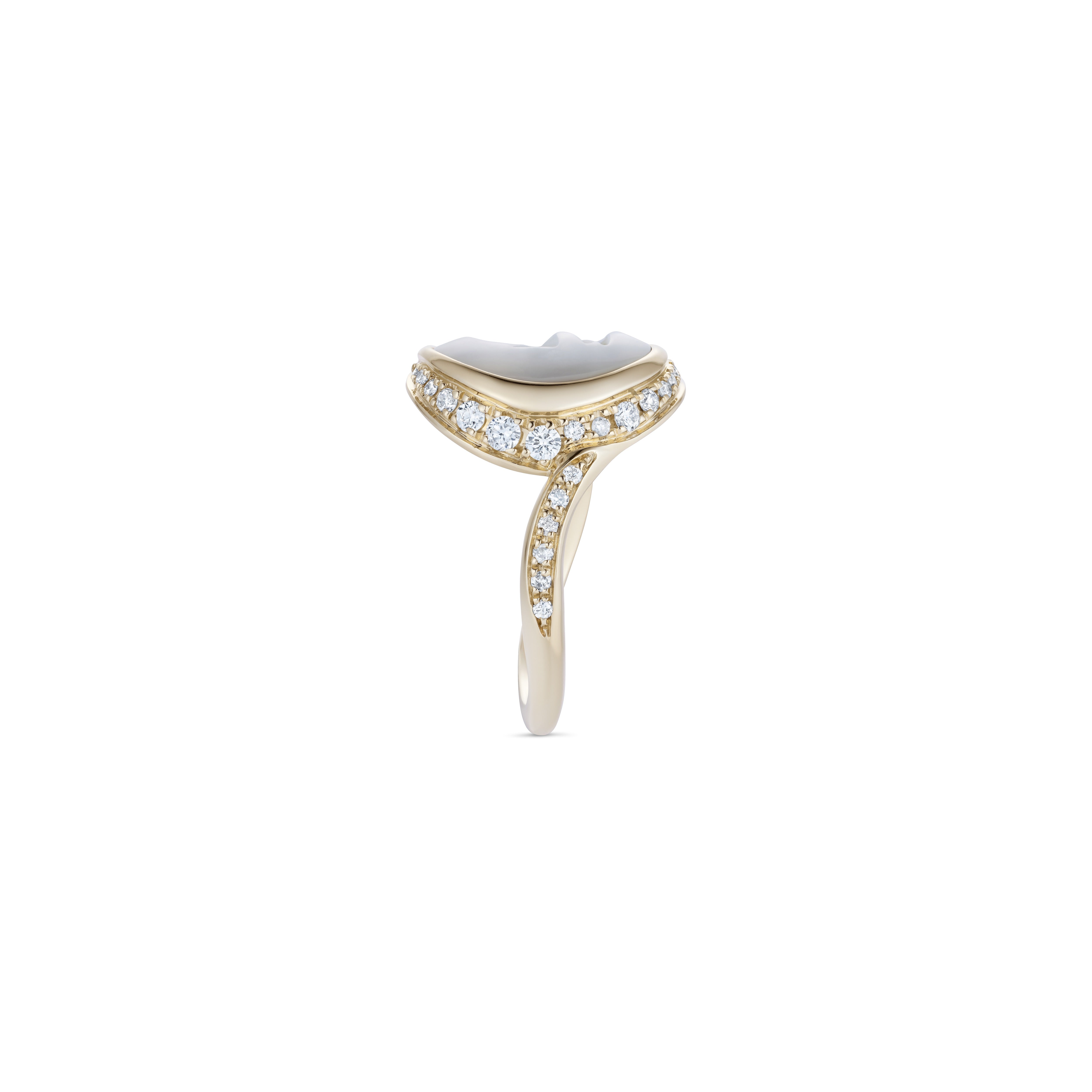 18k yellow gold mother of pearl in lay with diamond pave pinky ring by Venyx Tiny Gods 