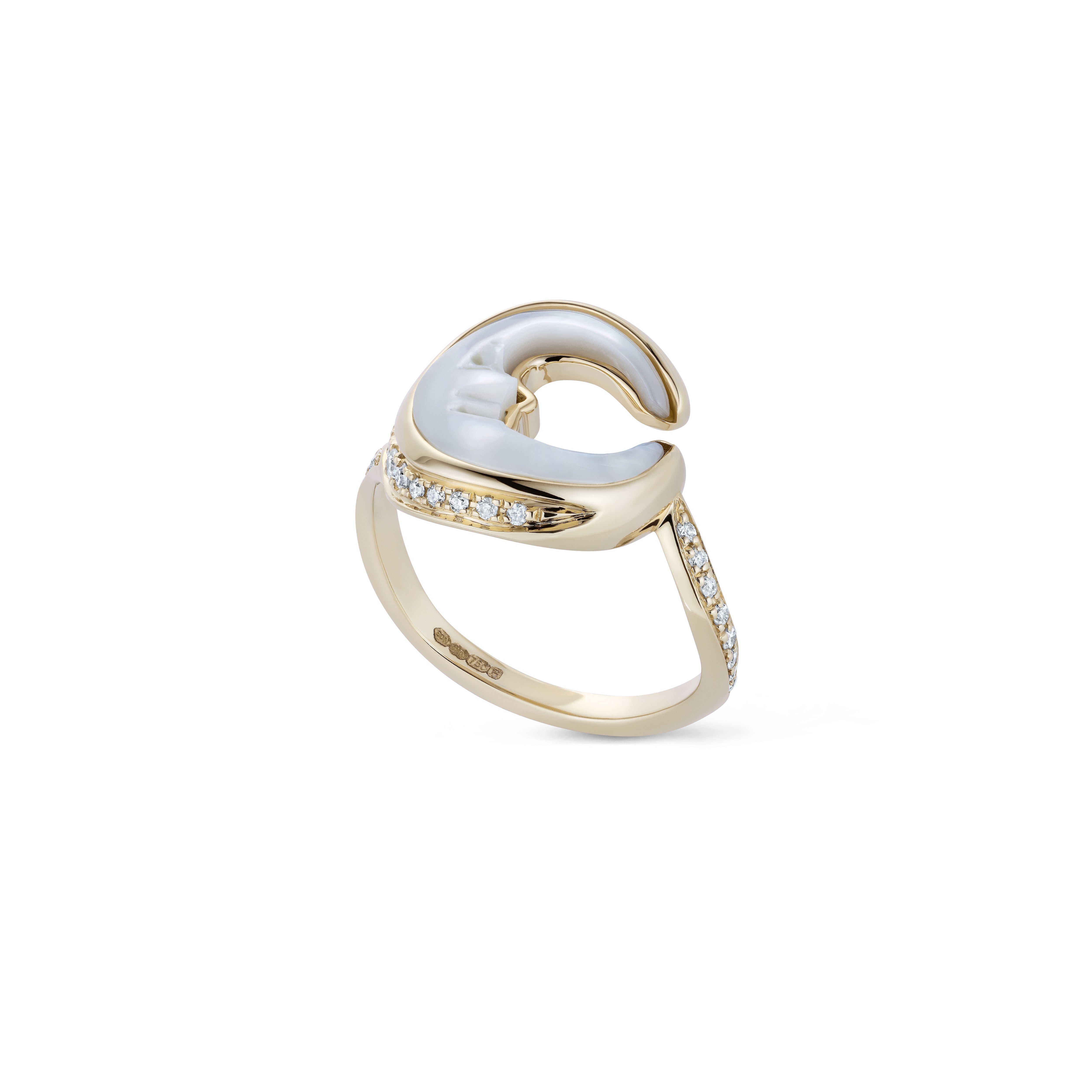 18k yellow gold mother of pearl in lay with diamond pave pinky ring by Venyx Tiny Gods 