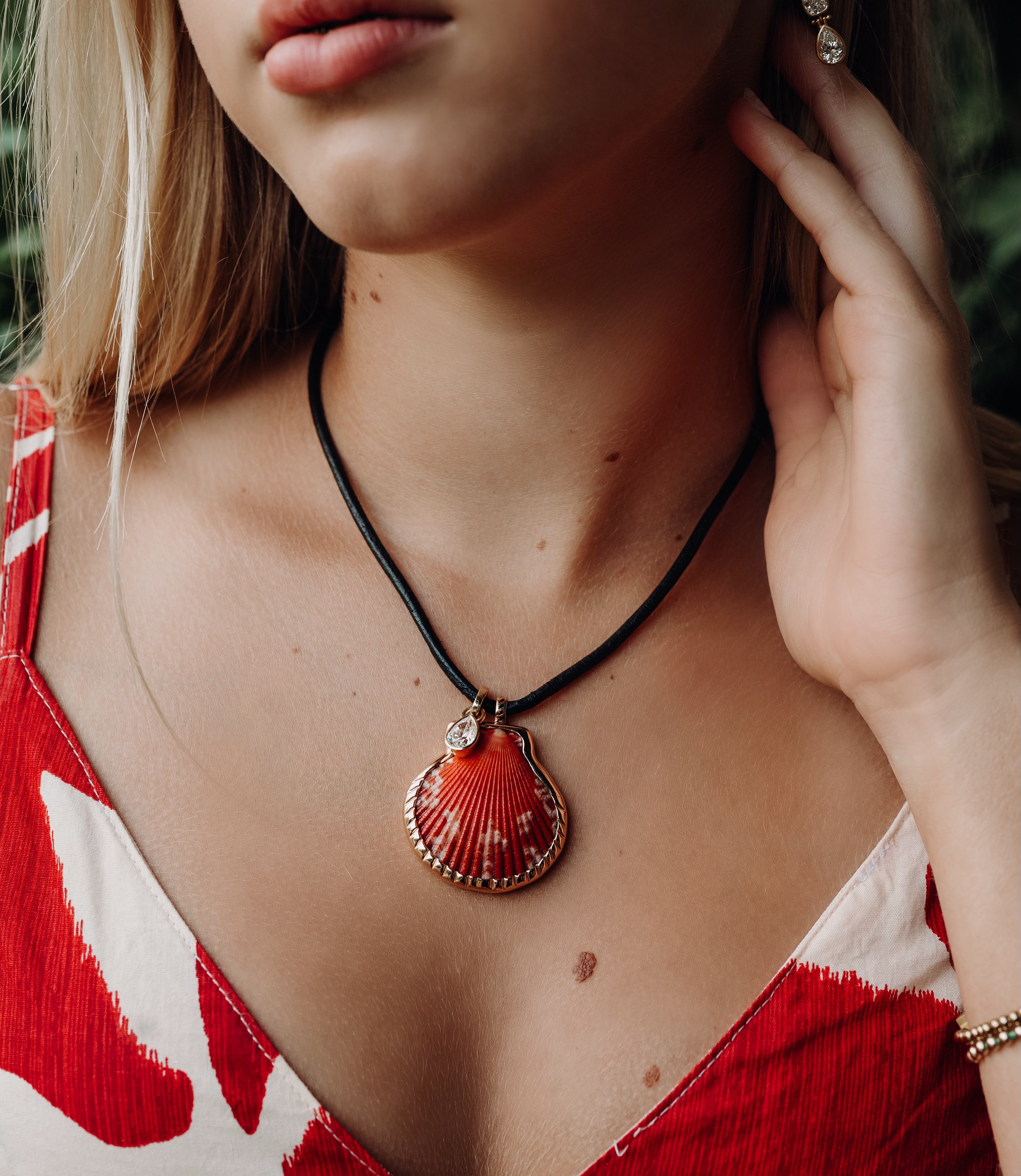 Large Natural Red Clam Shell Pendant