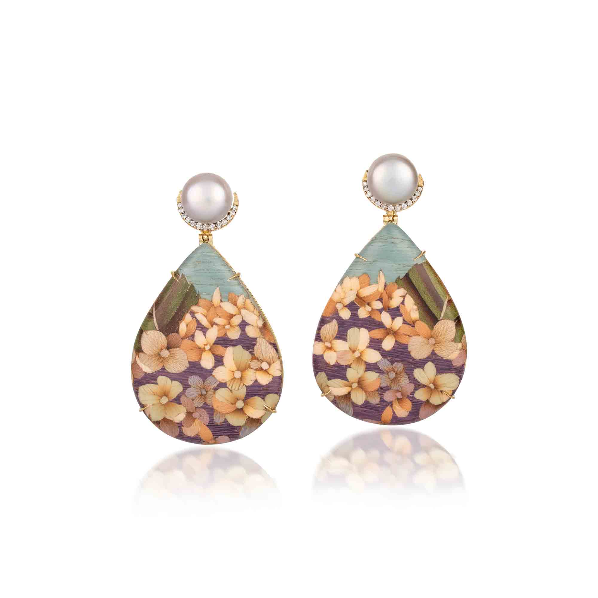 Teardrop Floral Marquetry Earrings with Pearls