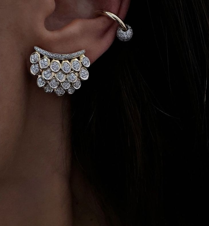 Diamond Blossom Earrings 14k yellow gold all pave set by Rainbow K at Tiny Gods on model earring 