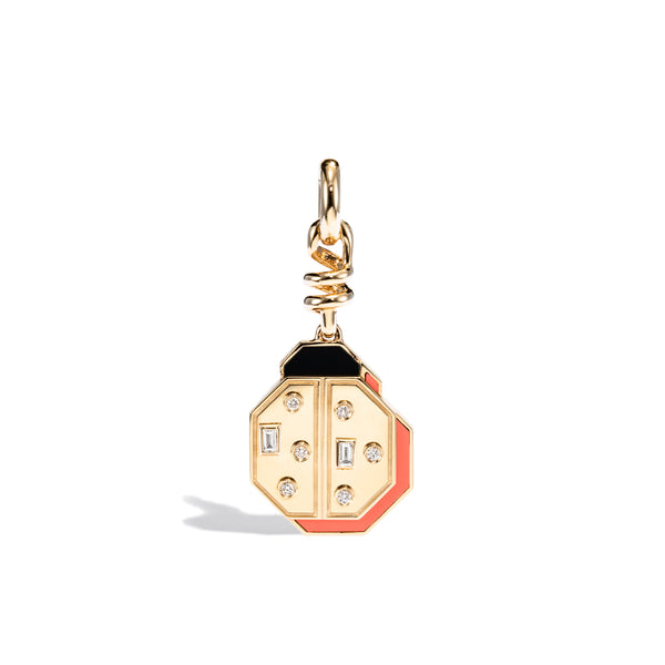18k yellow gold coral and diamond lady bug charm by Boochier Tiny Gods