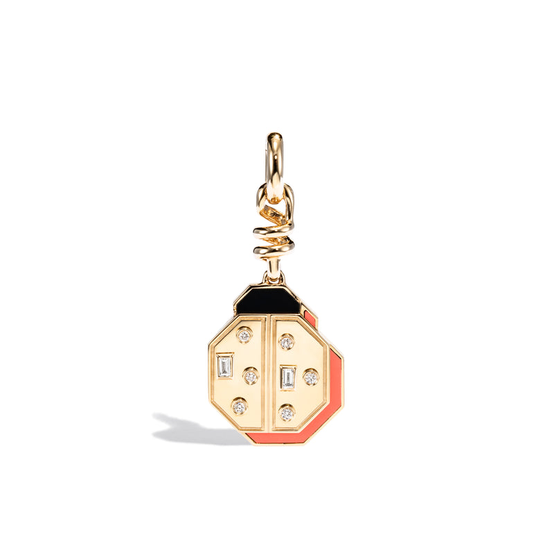 18k yellow gold coral and diamond lady bug charm by Boochier Tiny Gods