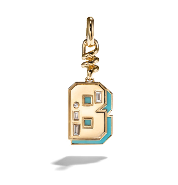 18k yellow gold turquoise inlay diamond letter b charm by boochier Tiny Gods