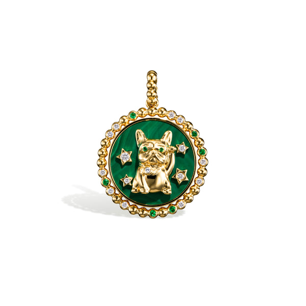 18k yellow gold malachite green lucky puppy French bulldog dog charm pendant by Boochier Tiny Gods 