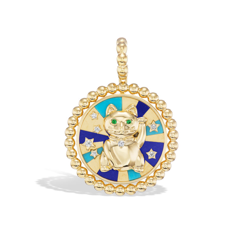 18k yellow gold turquoise and lapis lucky cat charm pendant by Boochier Tiny Gods