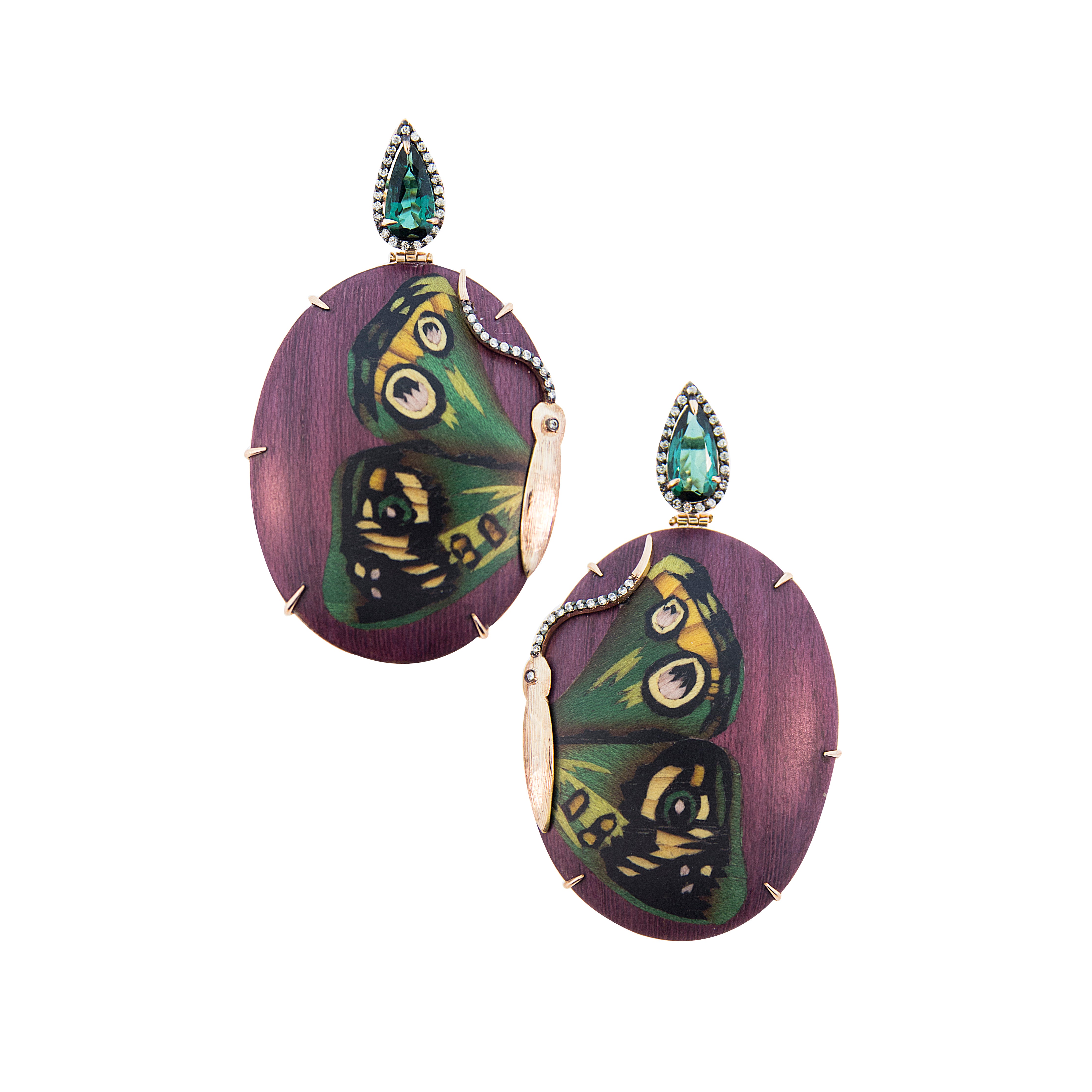 Butterfly Pattern & Green Tourmaline Marquetry Earrings