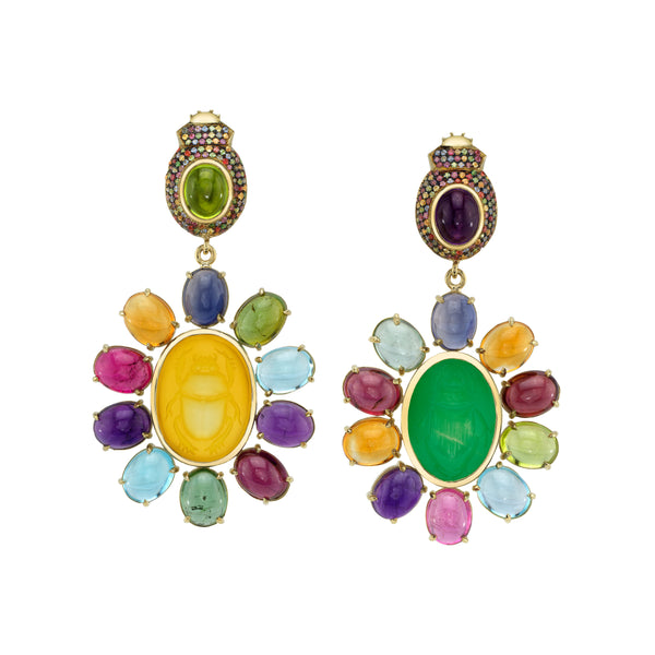 18k yellow gold carved intaglio scarab beetle earrings with multicolored gemstones, yellow byre, chrysoprase, amethyst, aquamarine, sapphire by Daniela Villegas Tiny Gods