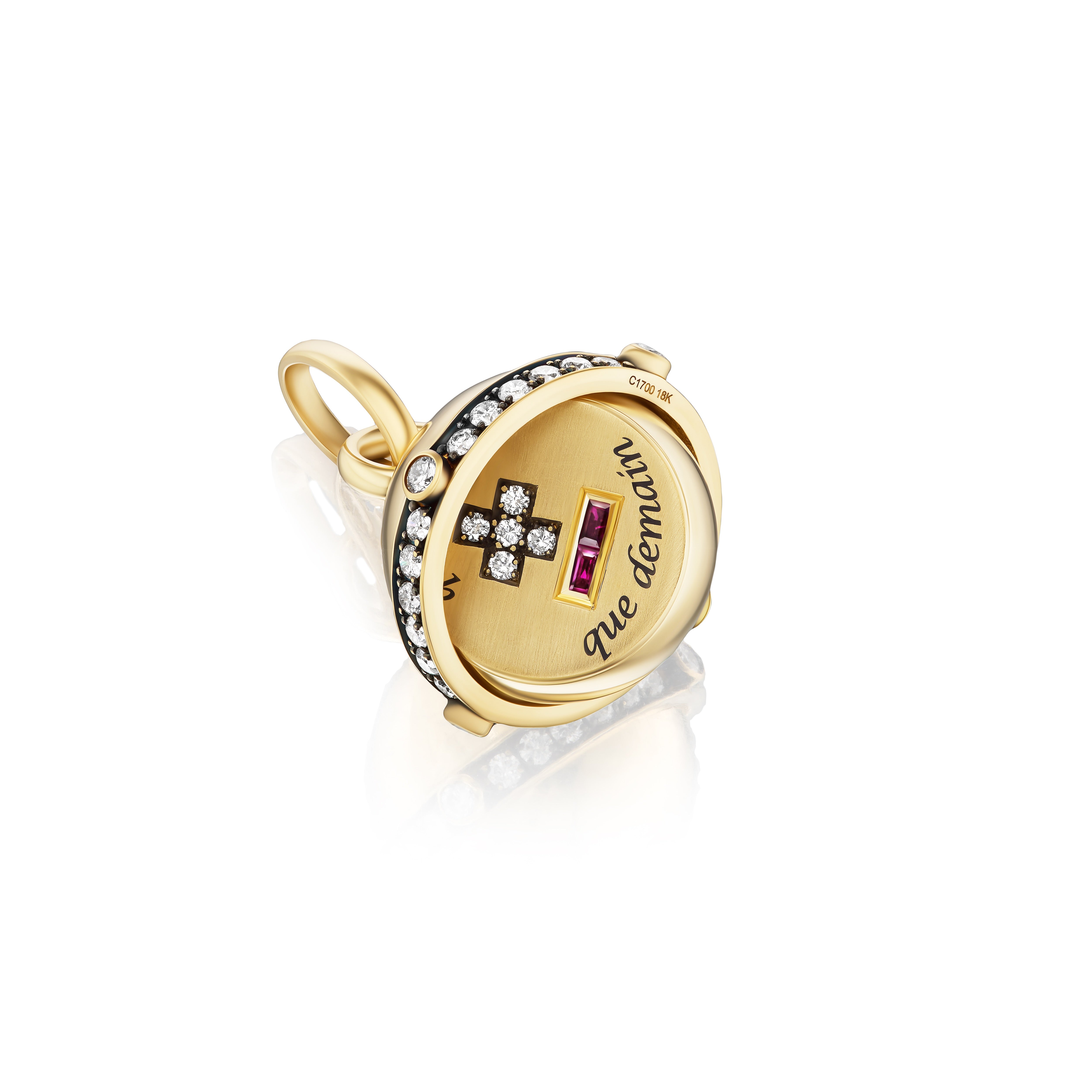 18k yellow gold que'heir que demain, love you more than yesterday, less than tomorrow, this french love token secret orb talisman has a hidden secret message by Circa 1700 Tiny Gods 