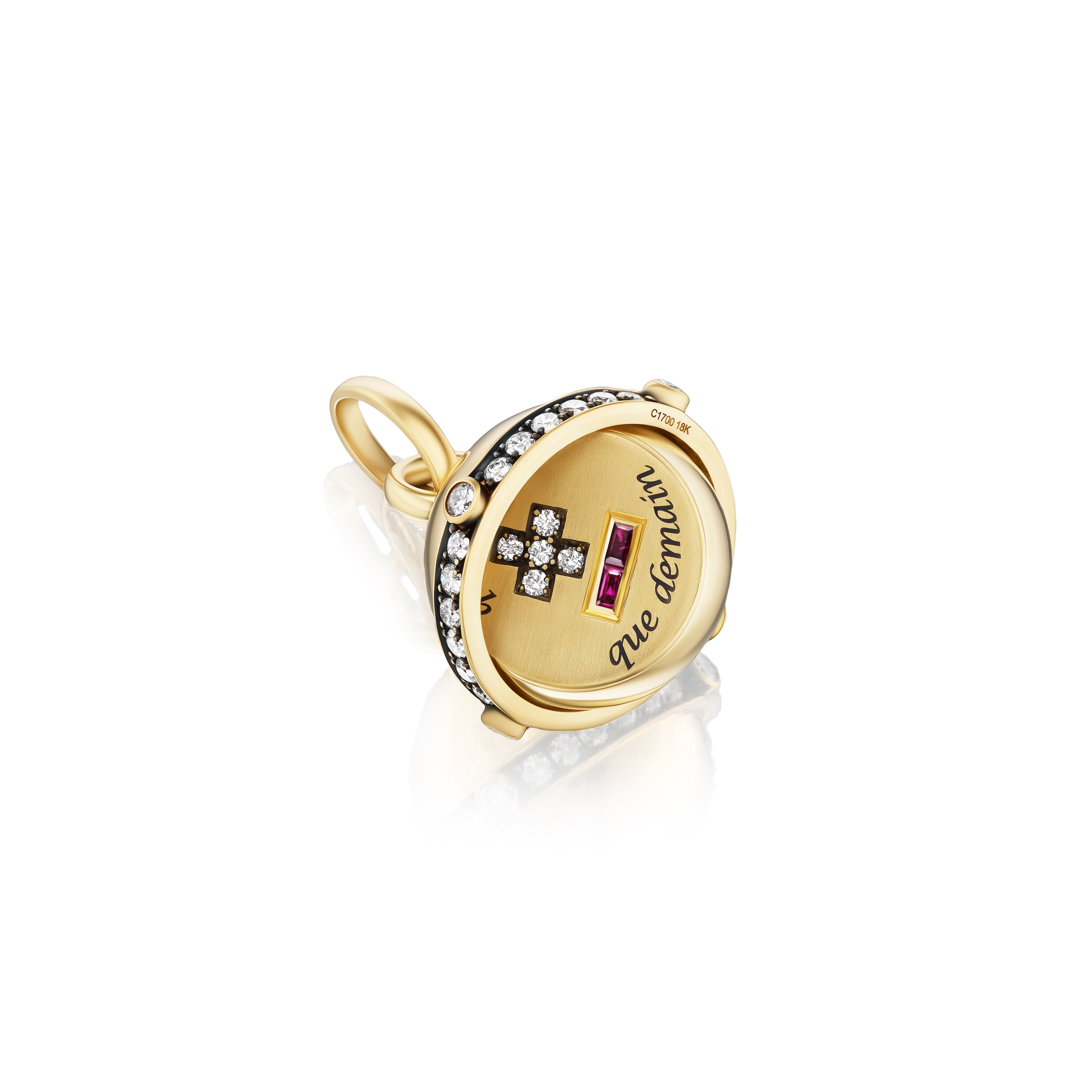 18k yellow gold que'heir que demain, love you more than yesterday, less than tomorrow, this french love token secret orb talisman has a hidden secret message by Circa 1700 Tiny Gods 