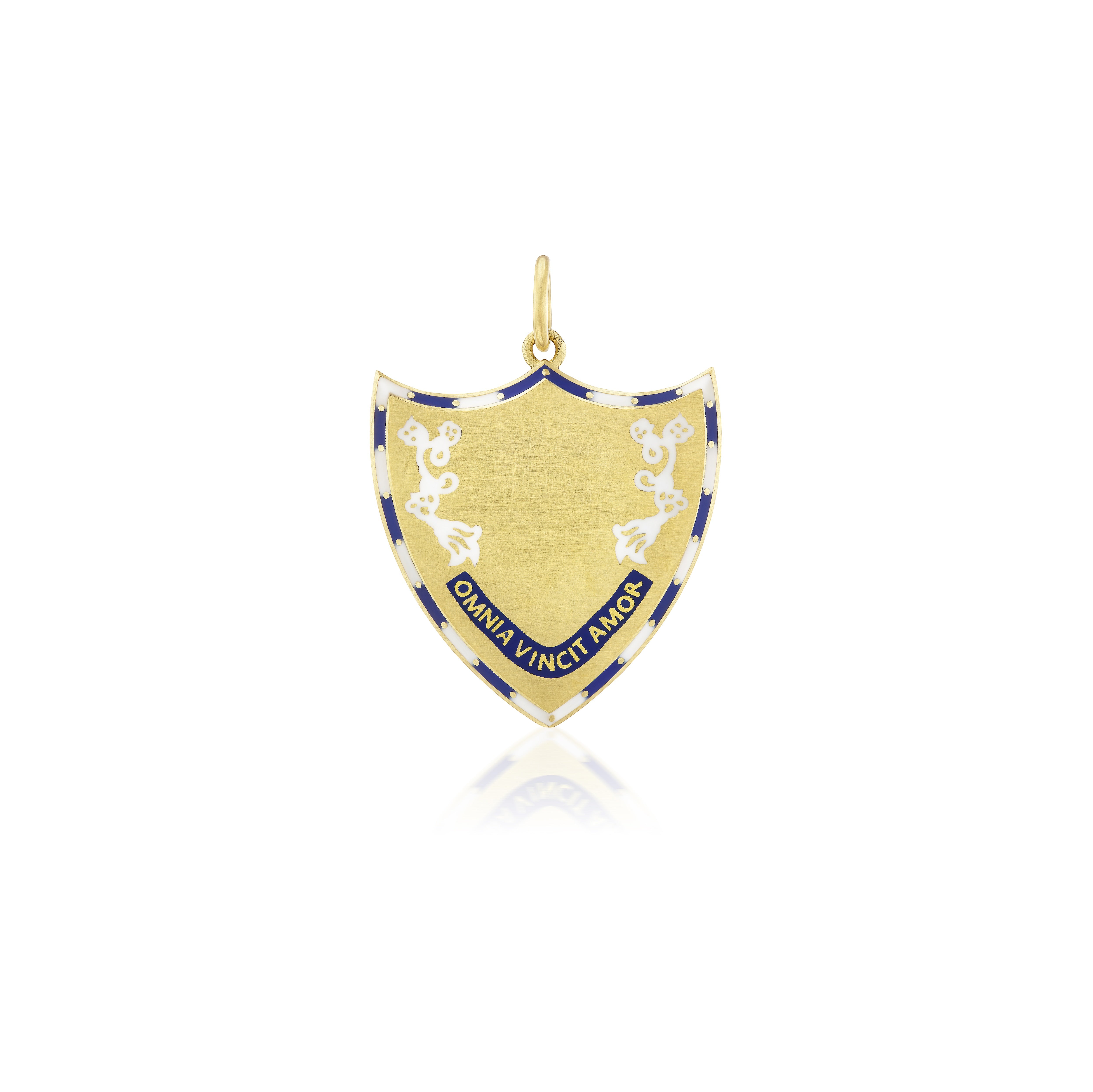 18k yellow gold omnia vincit amor blue and white enamel shield talisman pendant love conquers all by Circa 1700 Tiny Gods 