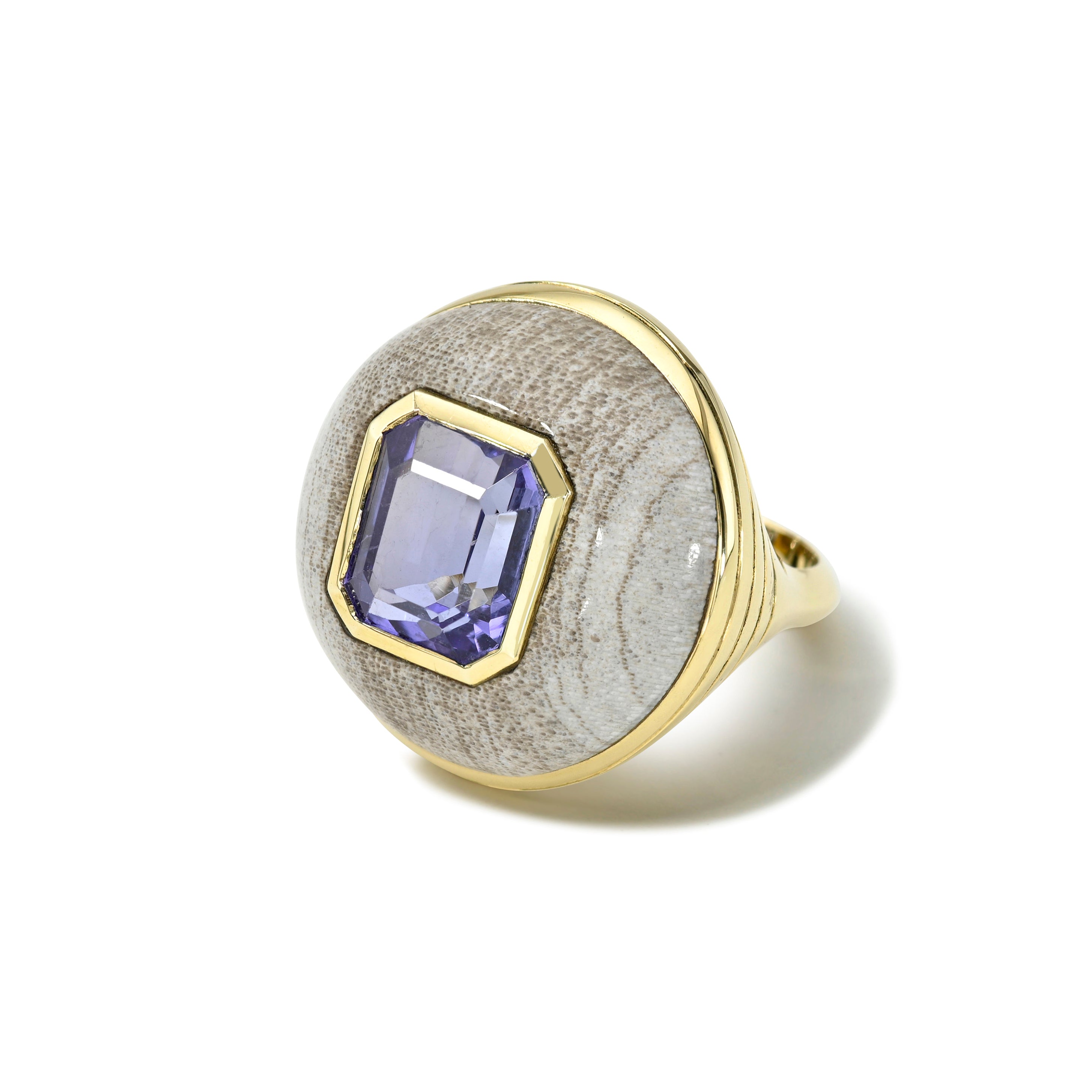 classic lollipop ring square emerald cut tanzanite in petrified wood retrouvai tiny gods 