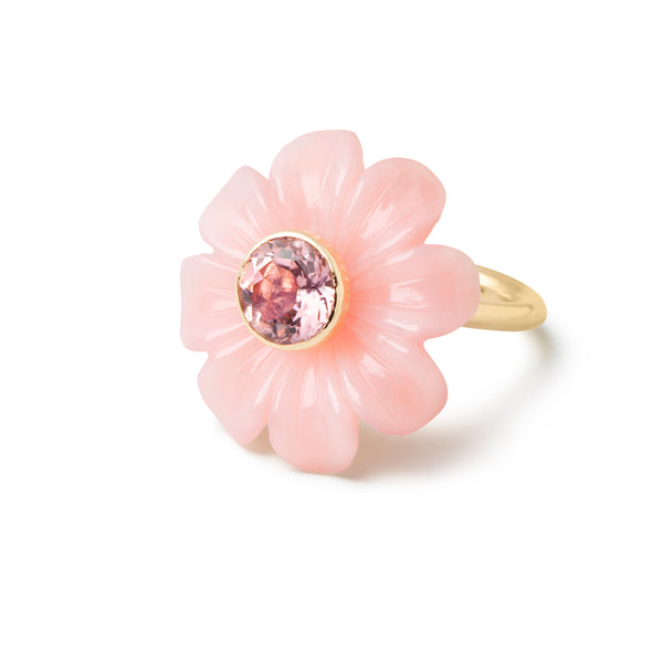 14k yellow gold Daisy Flower Ring - Pink Opal & Pink Tourmaline by Sophie Joanne at Tiny Gods