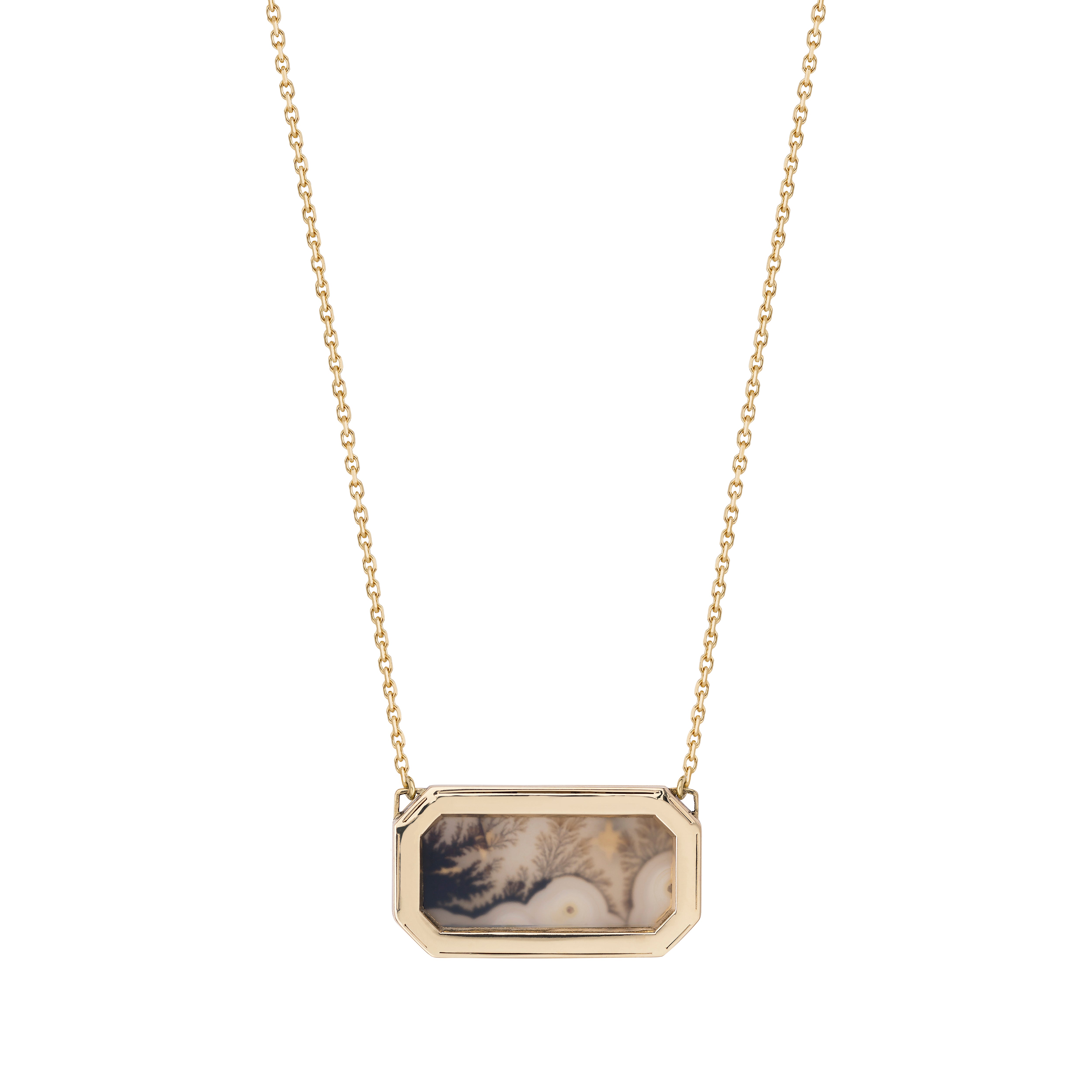18k yellow gold dendritic agate Daphne rectangular pendant with diamonds, pink sapphires and stars on a chain by Venyx Tiny Gods 
