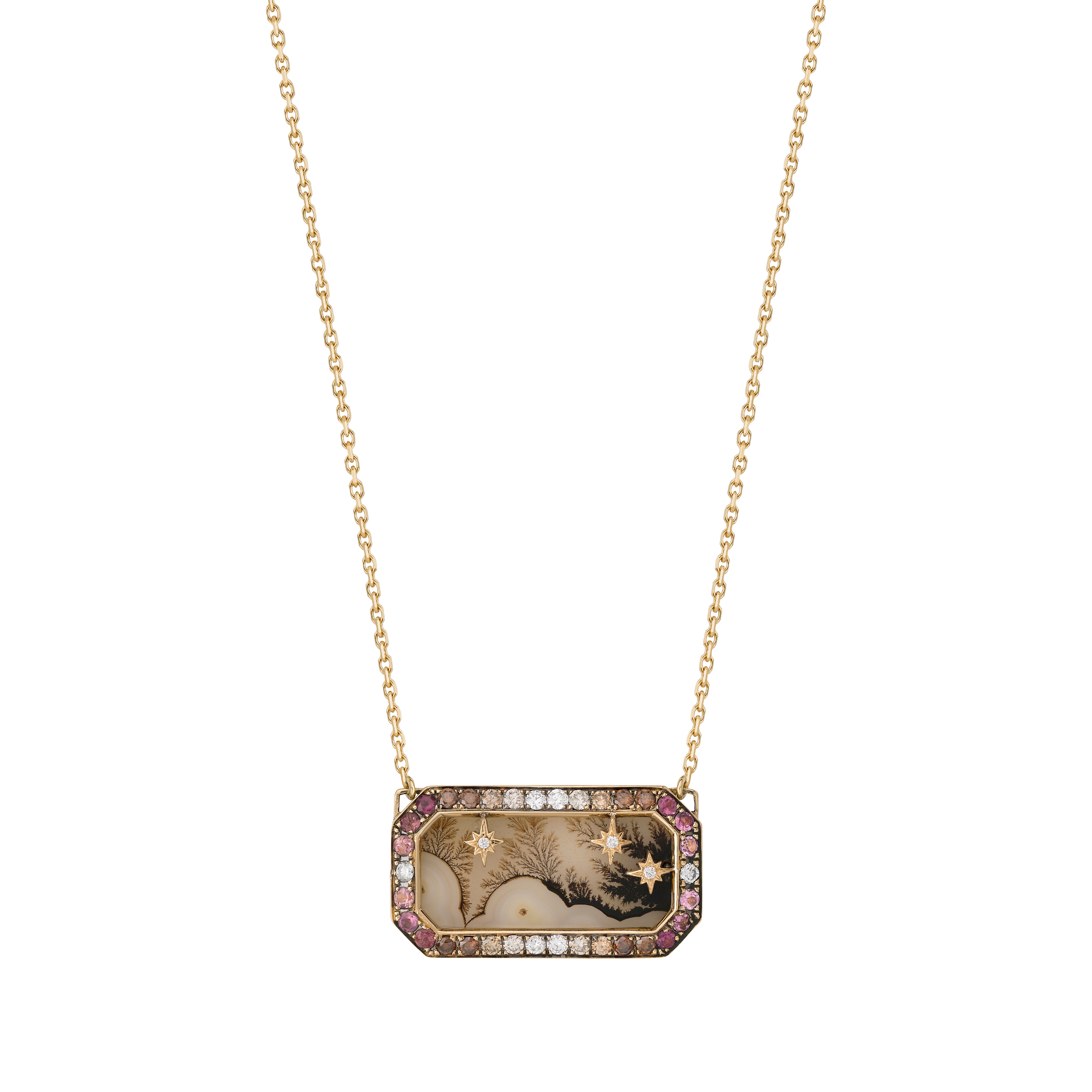 18k yellow gold dendritic agate Daphne rectangular pendant with diamonds, pink sapphires and stars on a chain by Venyx Tiny Gods 