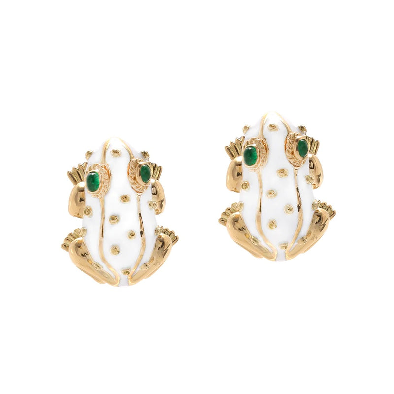 18k yellow gold white enamel frog earrings with emeralds by David Webb Tiny Gods