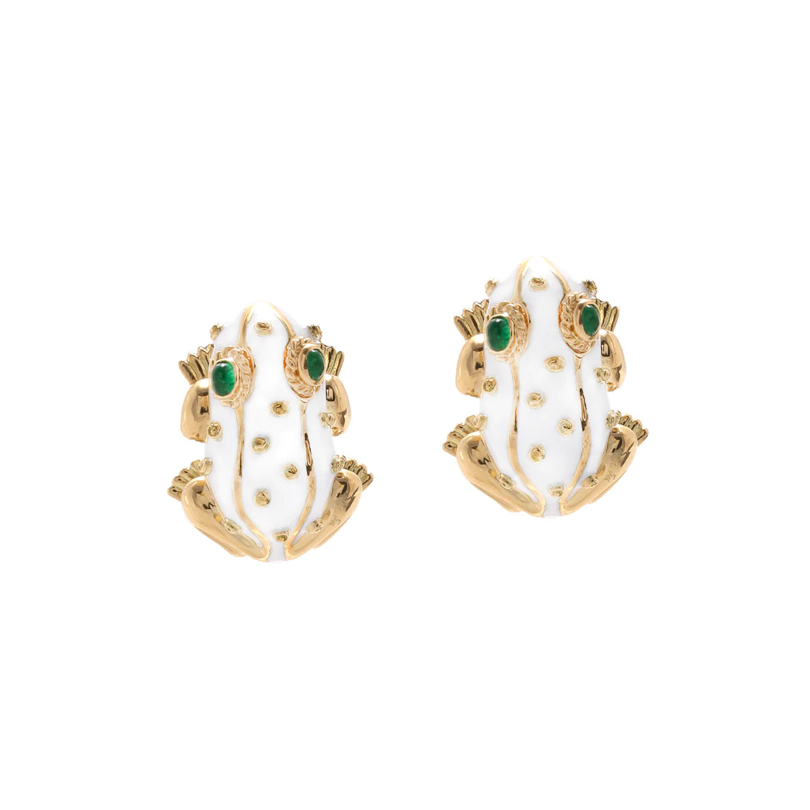 18k yellow gold white enamel green emerald eye frog earrings by David Webb Tiny Gods 