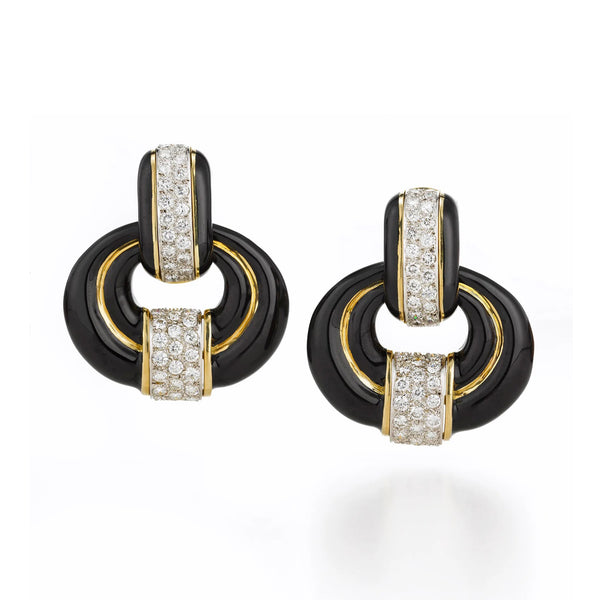 18k yellow gold, diamond and black enamel Rock Center Doorknocker Earrings by David Webb Tiny Gods