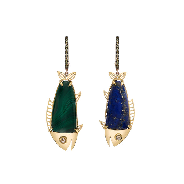 18k yellow gold dualidad fish earrings with green malachite and blue lapis by Daniela Villegas Tiny Gods