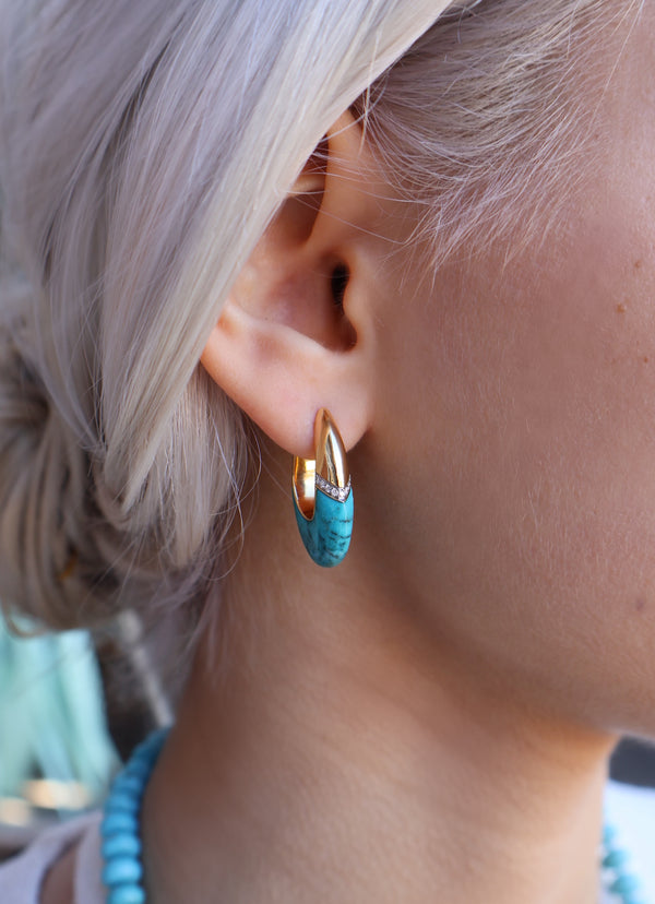 18K yellow gold turquoise Turquoise Oval Earrings by Emily P Wheeler Tiny Gods on model