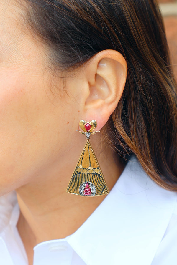 Ruby Buddha Earrings with Vintage Marquetry