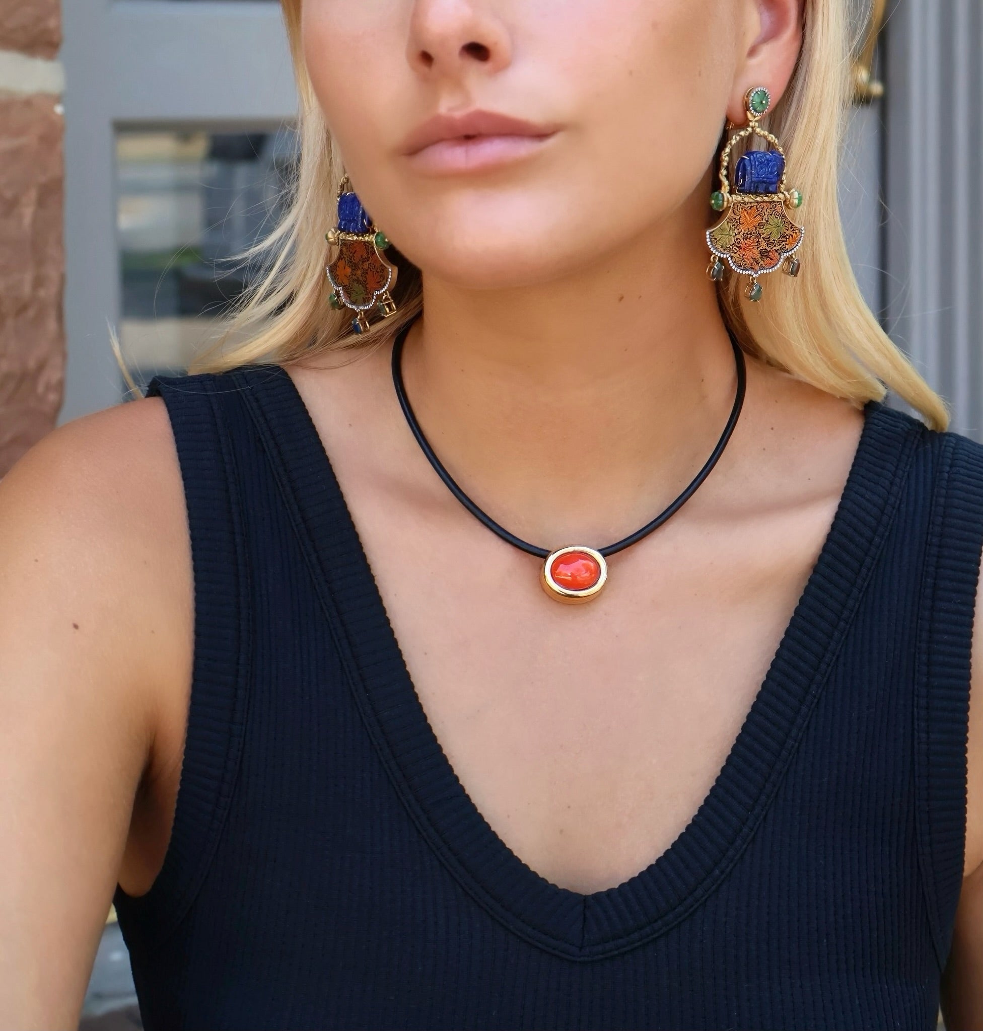 yellow gold leather cord coral oval bezel scuba choker necklace beck tiny gods 