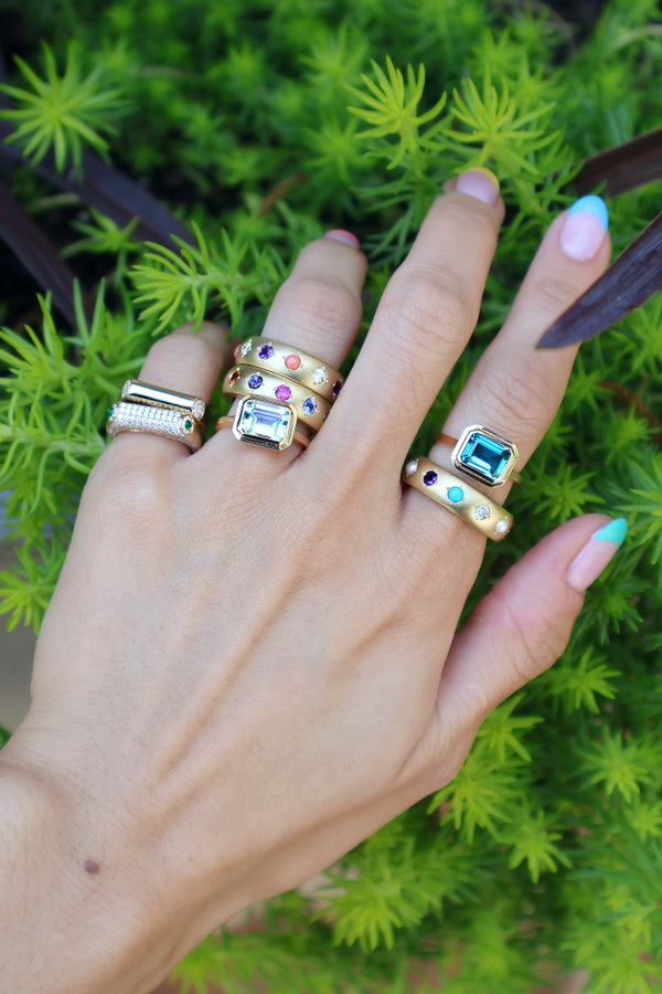 18k yellow gold coral, amethyst and diamond gypsy ring by Jenna Blake Tiny Gods