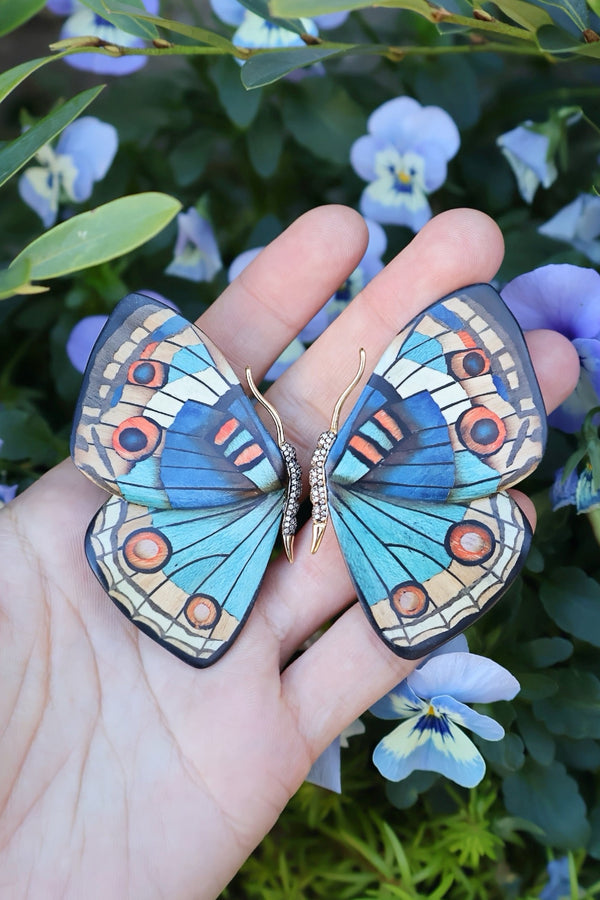 Large Blue Butterfly Marquetry Earrings