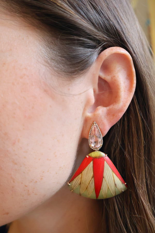 Marquetry Red Leaf Fan Earrings with Morganite