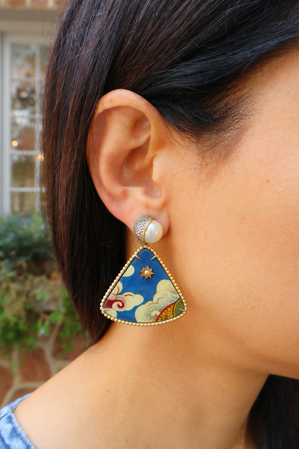 18k yellow gold Tibetan blue sky print marquetry earrings with white pearls and diamonds by Silvia Furmanovich Tiny Gods