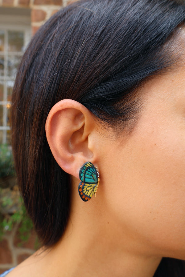 18k yellow gold petite marquetry butterfly earrings, blue green yellow red with diamonds by Silvia Furmanovich Tiny Gods