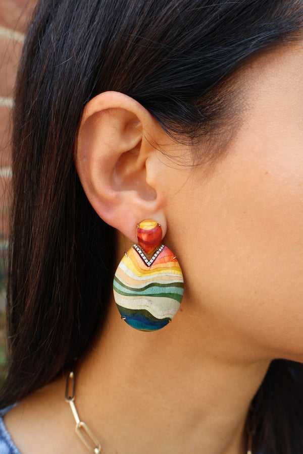 18k yellow gold rainbow print landscape marquetry earrings with diamonds by Silvia Furmanovich Tiny Gods on model