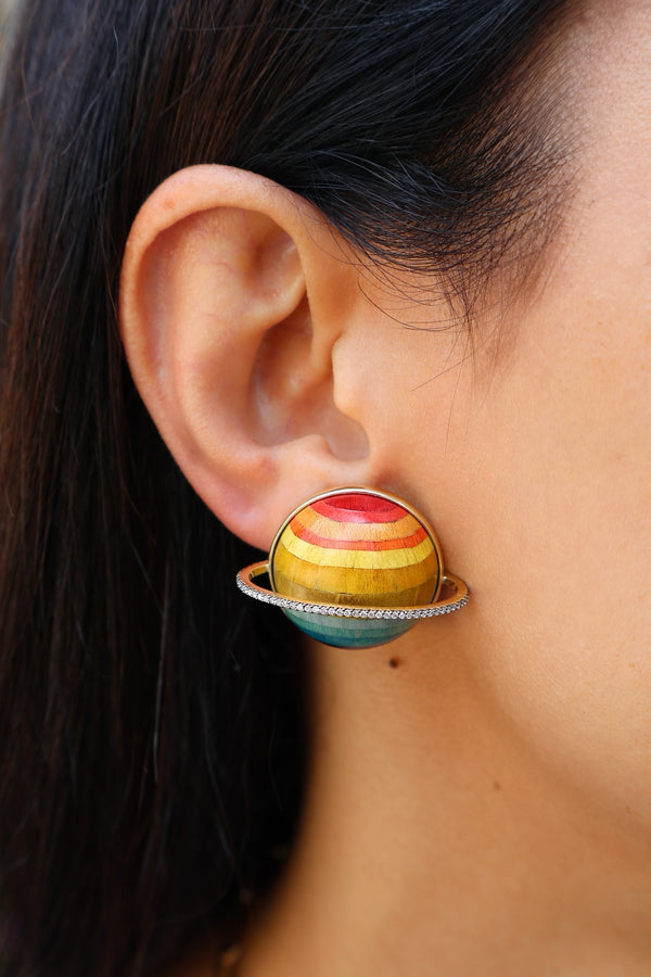 18k yellow gold wood marquetry rainbow blue Saturn  earrings with pave diamonds by Silvia Furmanovich Tiny Gods