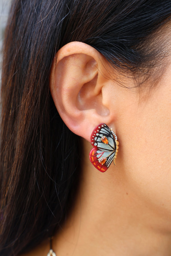 18k yellow gold red petite butterfly earrings with fire opal and diamonds by Silvia Furmanovich Tiny Gods