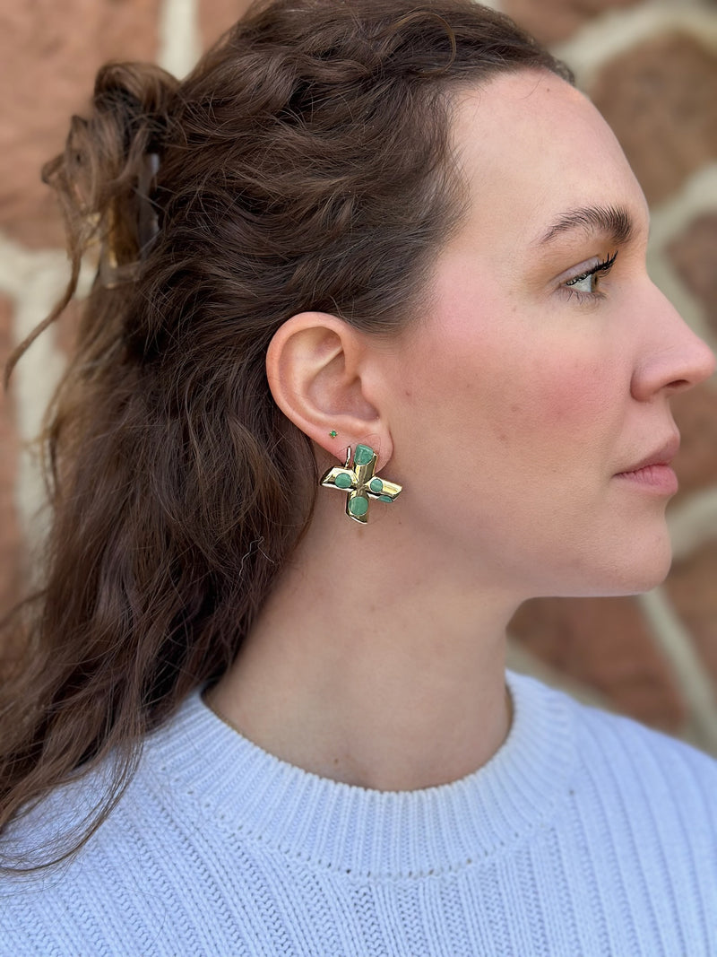 14K yellow gold XO Large Polka Dot XO Earrings in Green Turquoise by Retrouvai at Tiny Gods on model