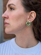 14K yellow gold XO Large Polka Dot XO Earrings in Green Turquoise by Retrouvai at Tiny Gods on model