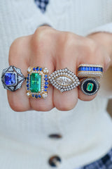 Green Tourmaline Emerald Cut Ring with Sapphire Border