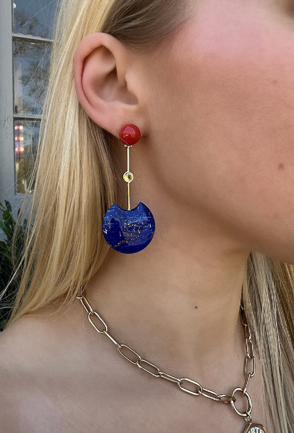 18k yellow gold Lapis & Sardinian Coral Modernist Earrings by Assael at Tiny Gods one of a kind