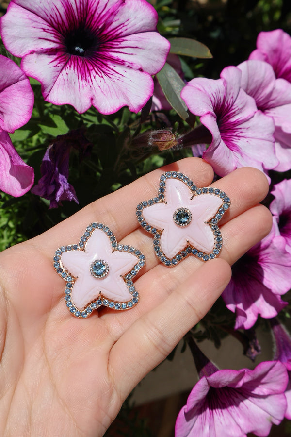 18k rose gold carved pink opal starfish earrings with blue aquamarine border diamond earrings by Guita M Tiny Gods
