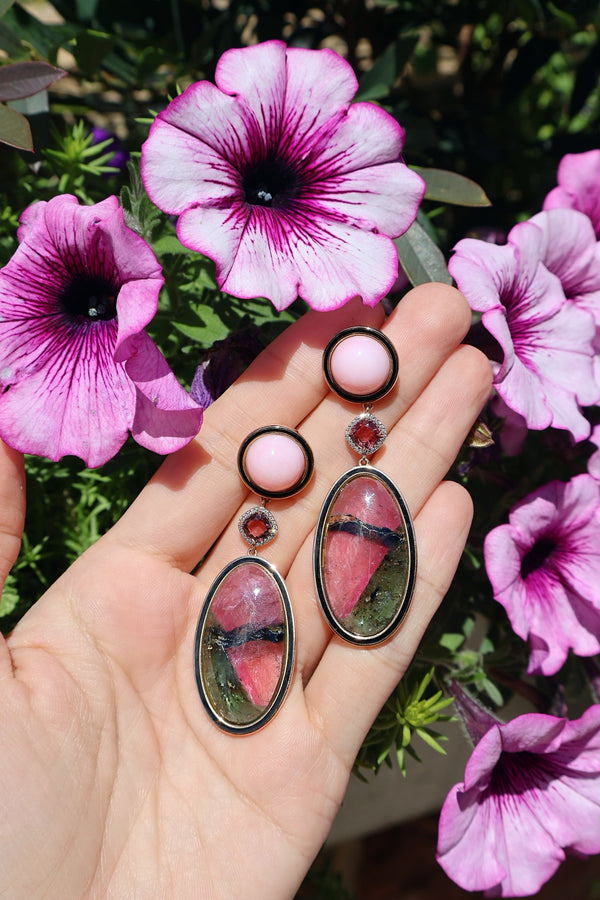18k rose gold pink opal with black enamel earrings with pink sapphire, diamonds and bi colored pink and green tourmaline earrings by Guita M Tiny Gods