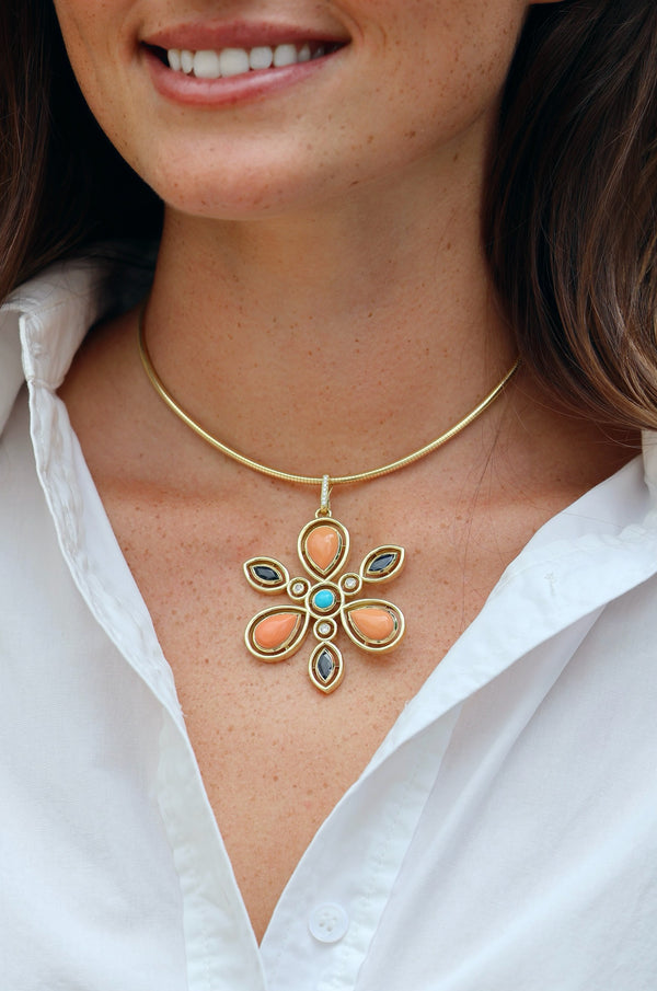 18k yellow gold coral, turquoise, blue sapphire and diamond Celtic flower pendant by Jenna Blake Tiny Gods