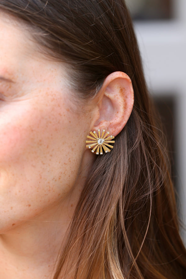 18k yellow gold mini sunshine g gold diamond earrings by Carol Kauffman Tiny Gods